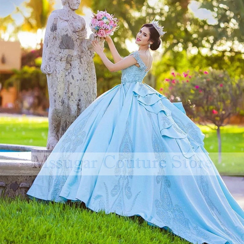 

Светильник-Голубое Бальное платье, платья для Quinceanera, милое платье с аппликацией для торжественных мероприятий, платья для девочек