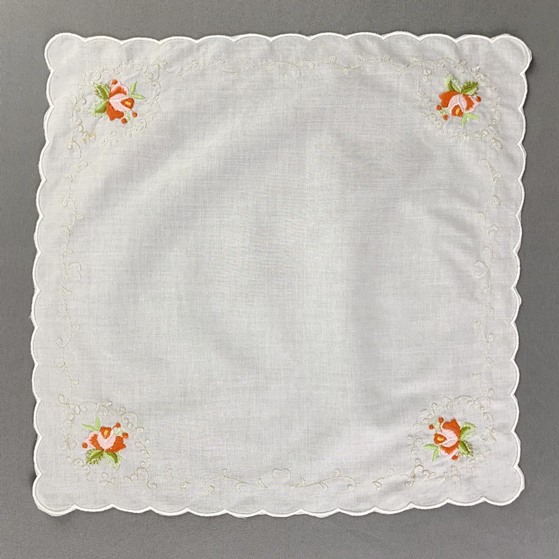 ladies handkerchief Wedding Bridal Handkerchief Cotton Hankie with Scallop Edges and Color embroidery Floral Hanky For