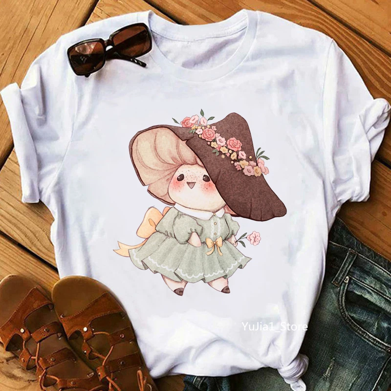 New Cute Flower Mushroom Print T-Shirt Women Harajuku Kawaii Clothes Cute Funny Tshirt Femme Summer Fashion T Shirt Female