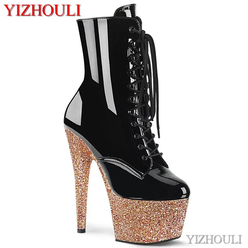 

15cm high heel party shoes, 6in round toe, material ankle boots with sequined soles. Club stage show high-heeled boots