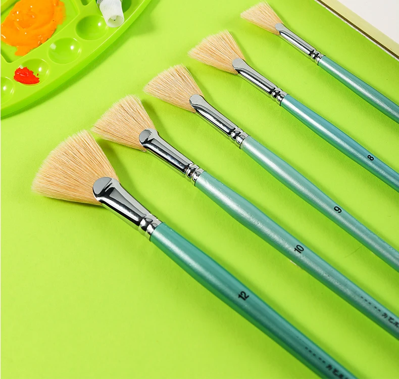 Bristle hair fishtail fan shap Pen gouache set art student oil painting watercolor pen hard wool acrylic paint brush 6 pcs set