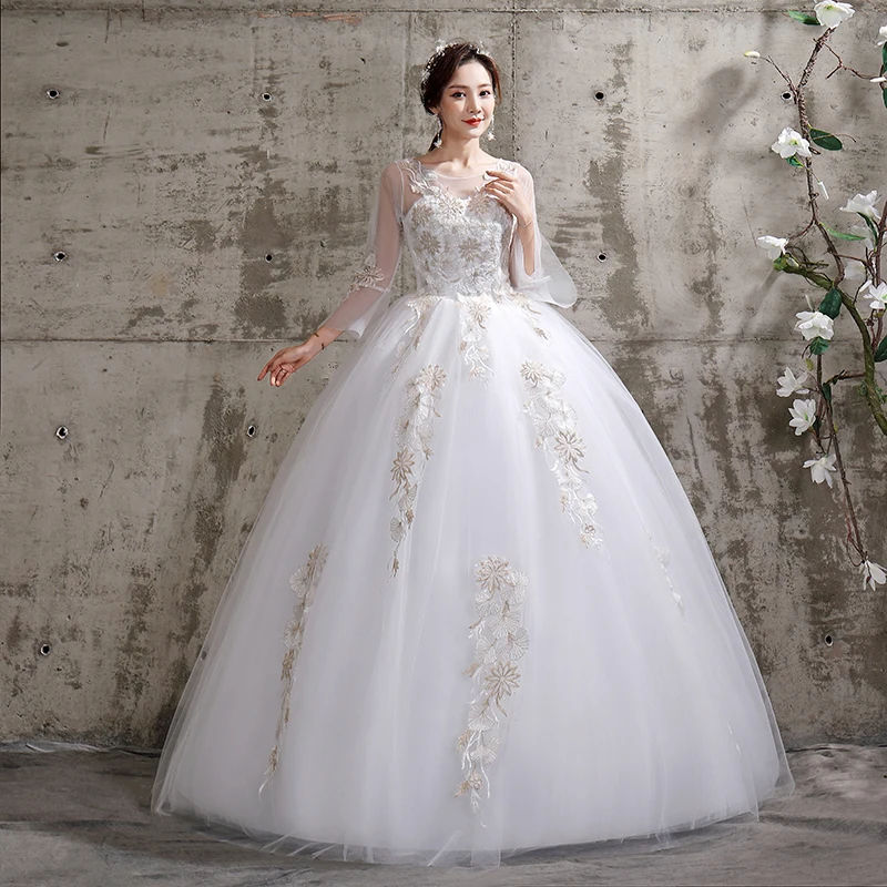 Robe de mariée en dentelle à manches longues, robe de bal brodée en dentelle sur filet, col rond, bon marché, vente en gros, chine, # XXN-115