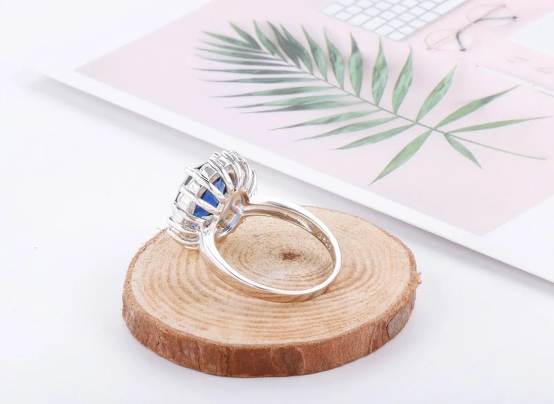 Anillo de princesa de corte 3.2ct con zafiro azul, joyería de compromiso con dijes de plata 925 originales para mujer