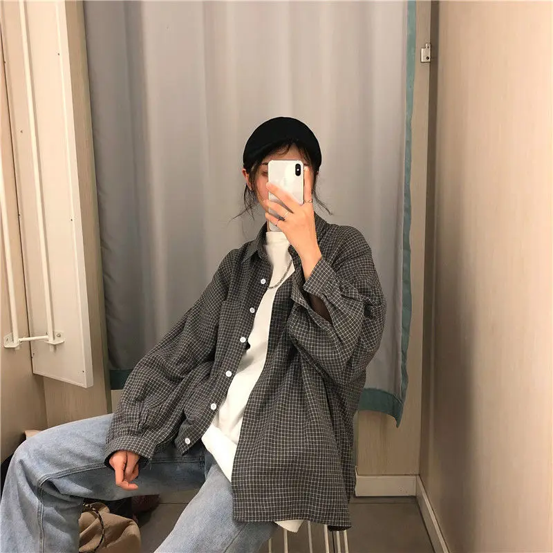 Shirts Women Retro Plaid College New Vintage Ulzzang All-match Pockets Button Up Tops Harajuku Spring Loose Students Popular Ins