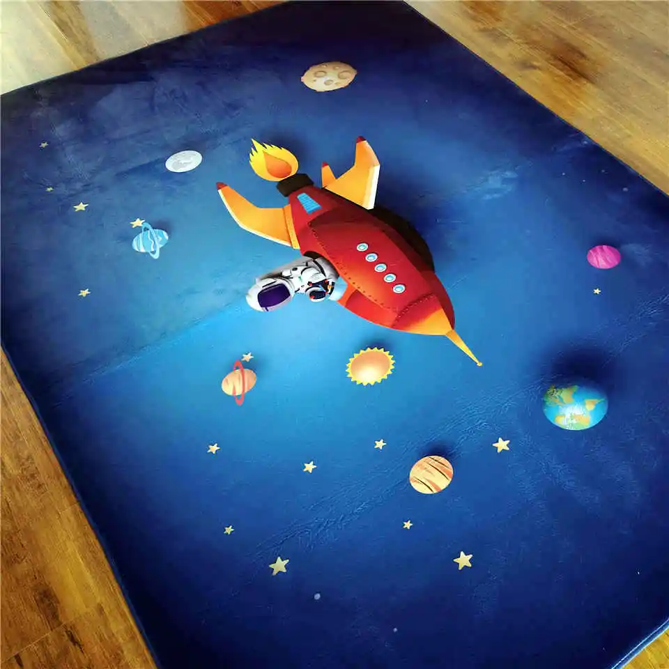 Cartoon Rocket Astronaut 3D Carpet Kids Room Space Flannel Sponge Floor Mat Teen Room Rug Cute Crawling Play Mat Bedside Carpet