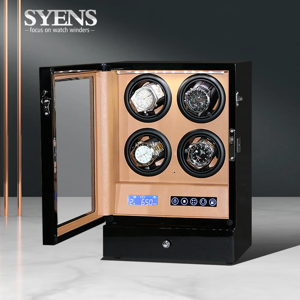 Watch Winders 4 Slots Wood Black Electric Watch Box Silent Motor Display Clock Luxury Watch Case With LED Light Global Plug