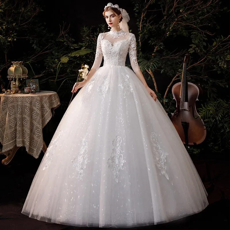 Wedding Dress 2021 Noble Three Quarter Sleeve Bridal Dress Elegant High Neck Ball Gown Princess Vestido De Noiva Plus Customize