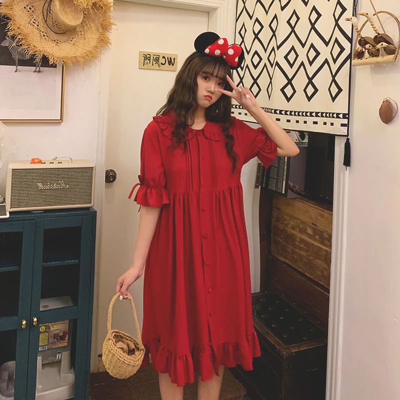 Lolita college style plus size  XL-4XL women's summer mori girl new V-neck french ruffle dress  high waist victorian dress cos