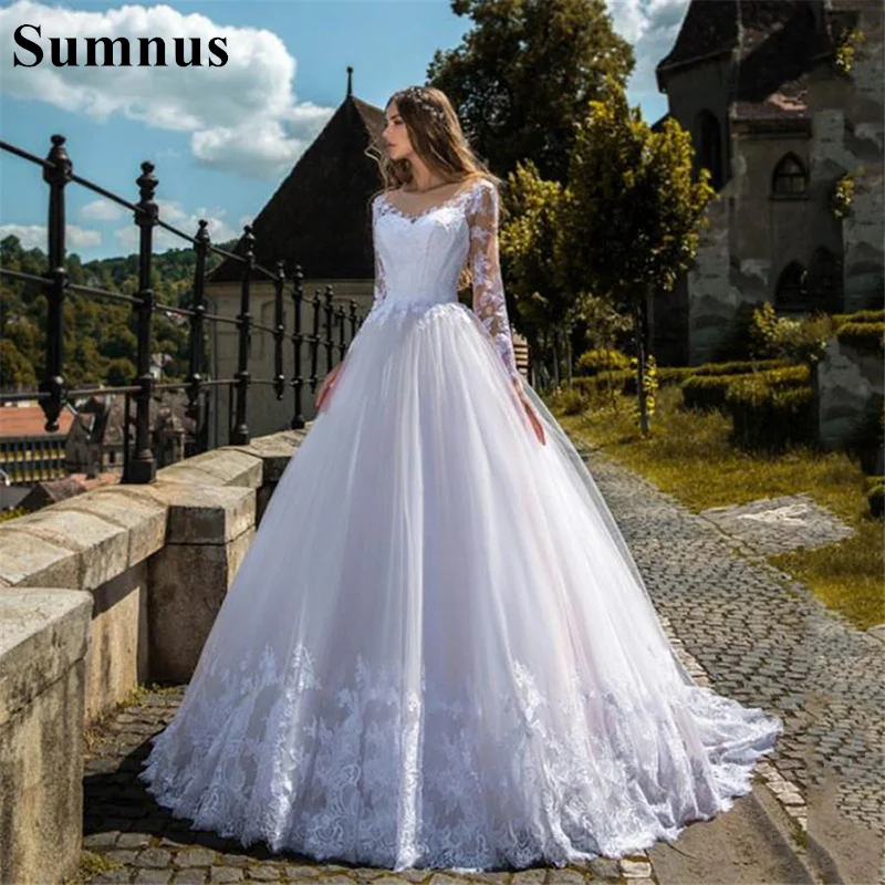 Sumnus mangas compridas apliques de renda a linha vestidos de casamento vestidos de noiva feitos sob encomenda do jardim vestidos de casamento formais 2021