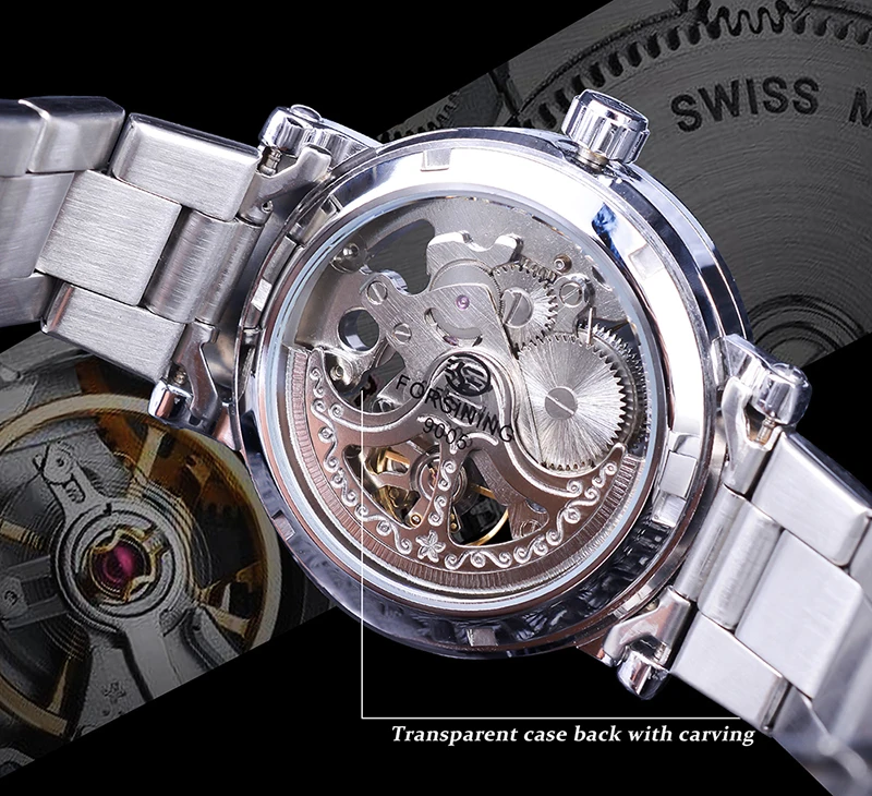 Forsining Zilver Skeleton Horloges Zwart Rood Pointer Zilver Rvs Riem Automatische Horloges voor Mannen Transparante Horloge