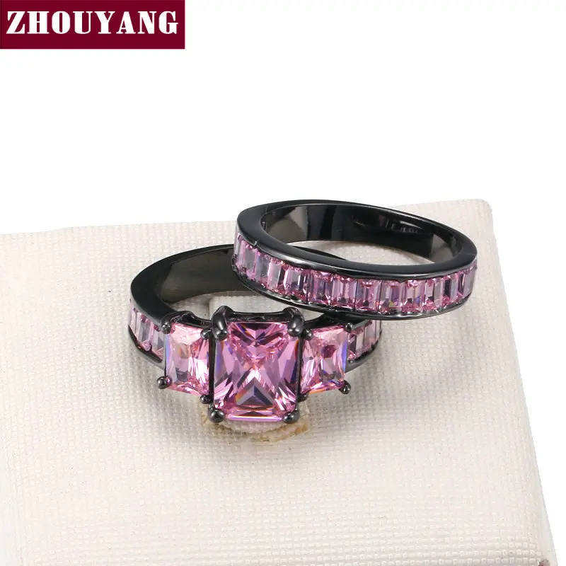 ZHOUYANG Square Pink Cubic Zirconia Black Gold Color Fashion Jewelry Cocktail Party Ring Set For Women Wholesale DD002