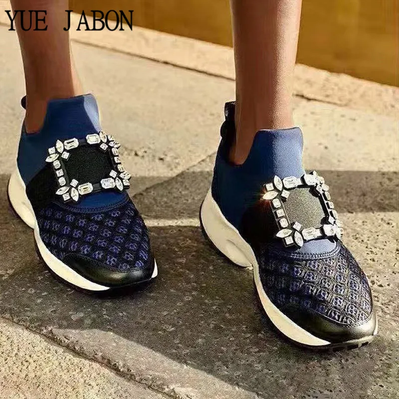 Hot Crystal Square Buckle Air Mesh Sneakers Women Leather Platform Thick bottom Flat Breathe Shoes Casual Shoes For Women