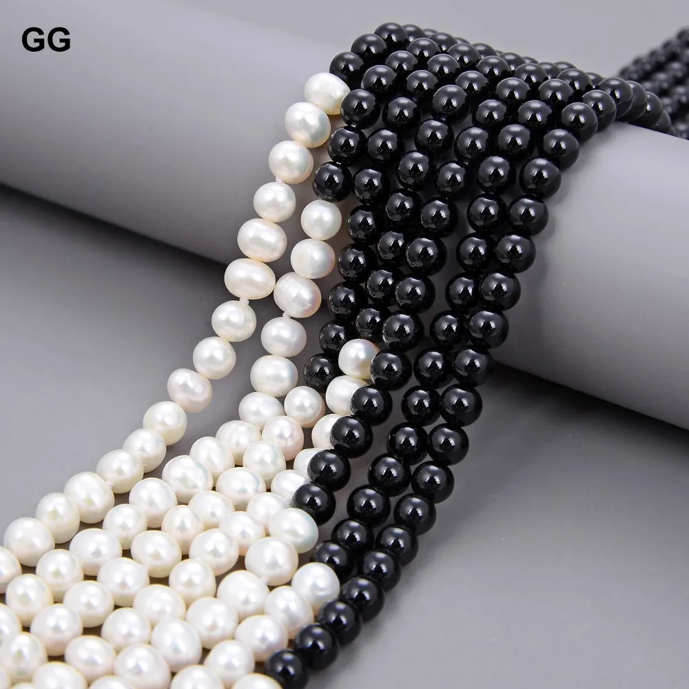 GuaiGuai Jewelry 7 Strands Natural White Pearl Onyx Necklace Multi Strands Pearl Necklace 19\