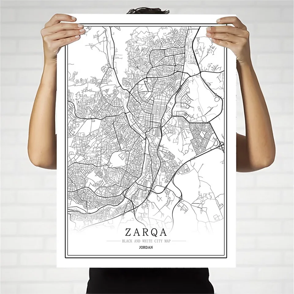 Jordan Black and White City Map Poster Nordic Living Room Amman Zarqa Irbid Wall Art  Home Decor Canvas Painting Creative gift