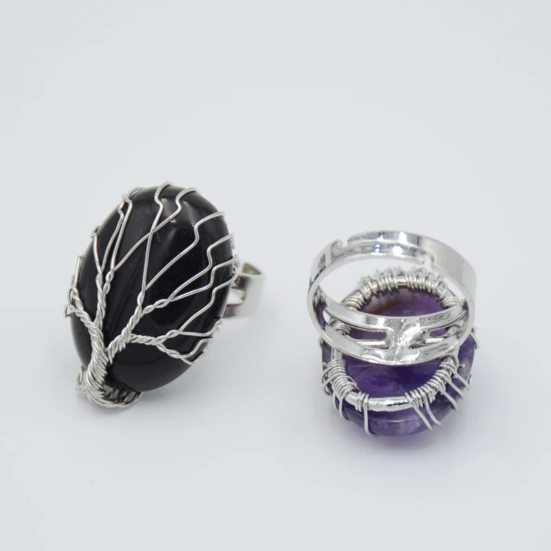 Silver-color Tree of Life Wire Wrapped Resizable Women Ring Fashion Party Jewelry Reiki Oval Natural Stone Crystal Finger Rings