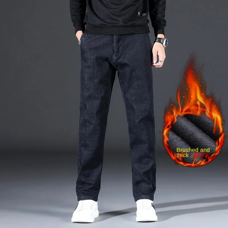 

Fleece Warm Winter Denim Jeans Straight Babby Stretch Pants Jeans For Man Black Classic Vintage Jeans trousers 2021