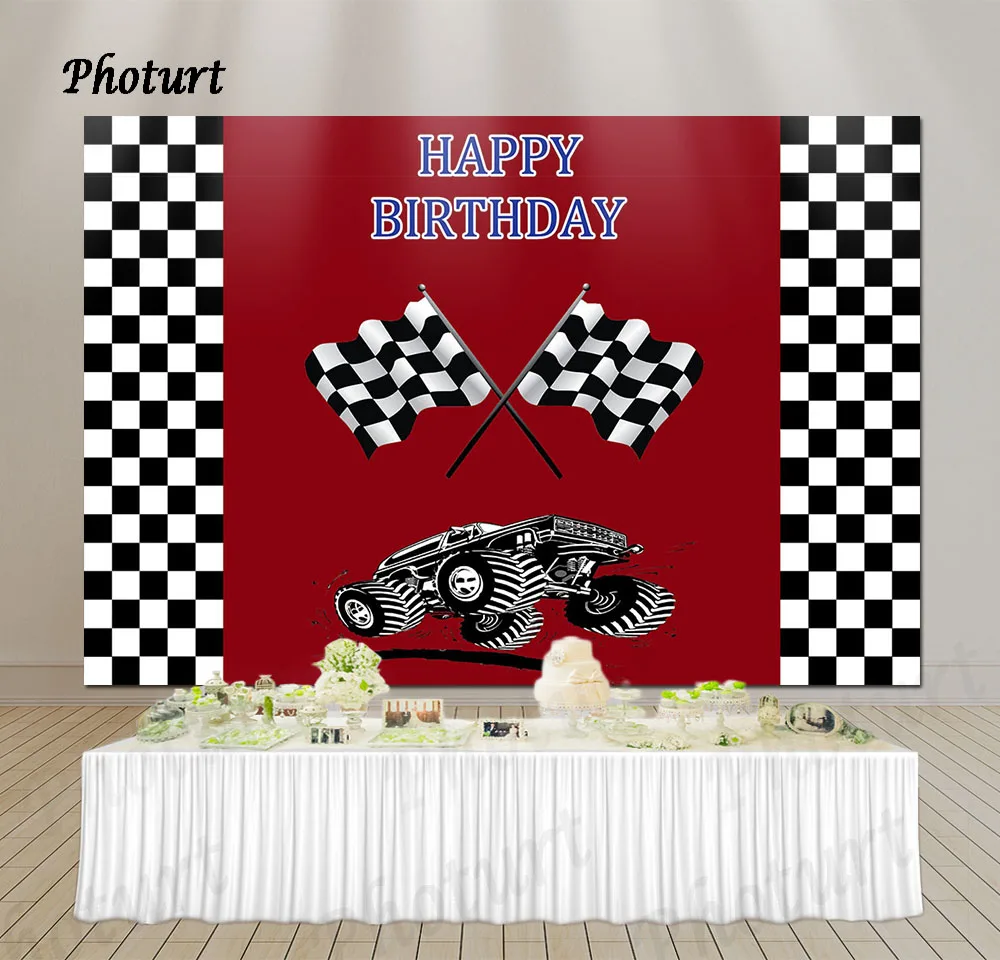 PHOTURT Race Car Backdrop Kids Birthday Party Decoration Background Custom Black White Check Vinyl Photography Studios Props