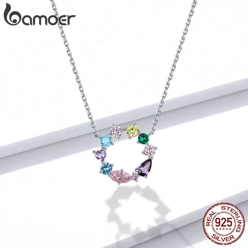 bamoer Wreath Necklace for Girl 925 Sterling Silver Jewelry Colorful AAA CZ Jewelry Original Design Gift for Women BSN178