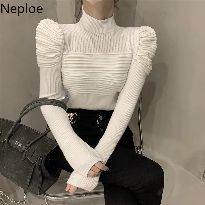 Neploe Fashion Pleated Sweaters for Women Elegant Puff Sleeve White Slim Tops Korean Turtleneck Sweater Jumper Fall Clothes