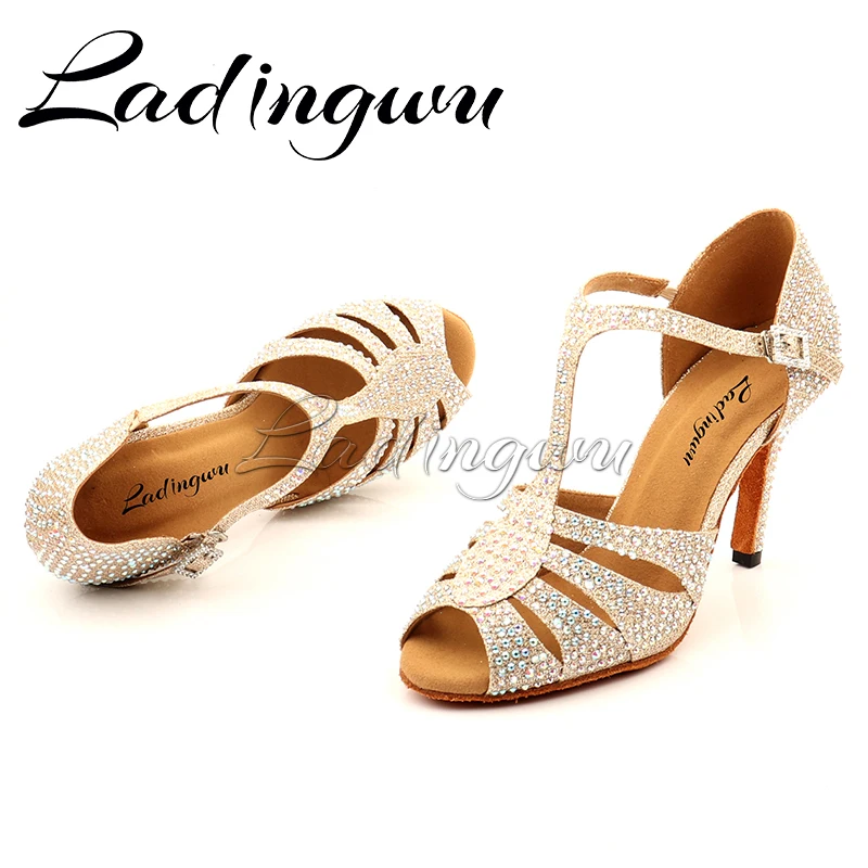 Ladingwu Ladies Latin Dance Shoes Indoor Sport  Multicolor Rhineston Latino Dancing Shoes for Children Glitter Salsa Dance Shoes