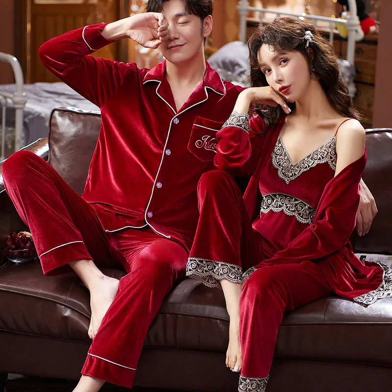 Velour Couple Pajamas Set Autumn Winter Women Sleepwear Pijamas Suit Sexy Patchwork Lace Bathrobe Lingerie Casual Home Clothes