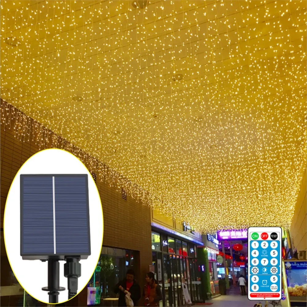 Solar Powered 96 Leds Outdoor Icicle Curtain String Light Waterproof Decoration for Holiday Christmas Wedding Party