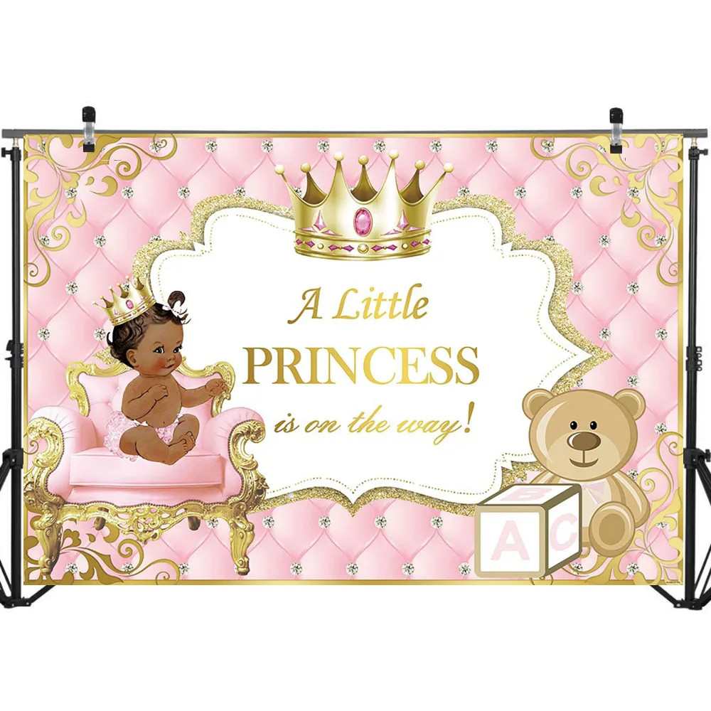 Pink and Gold Baby Shower Backdrop Ethnic Princess Tufted Photo Background Gold Crown Cute Bear Glitter Photography Backdrops