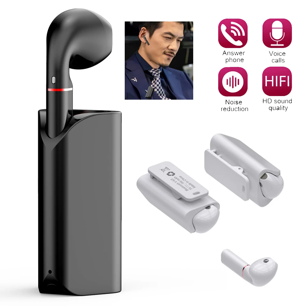 Wireless Earphones Stereo Sound Headset Single In Ear Music Earpiece with Clip Charging Case Bluetooth-compatible