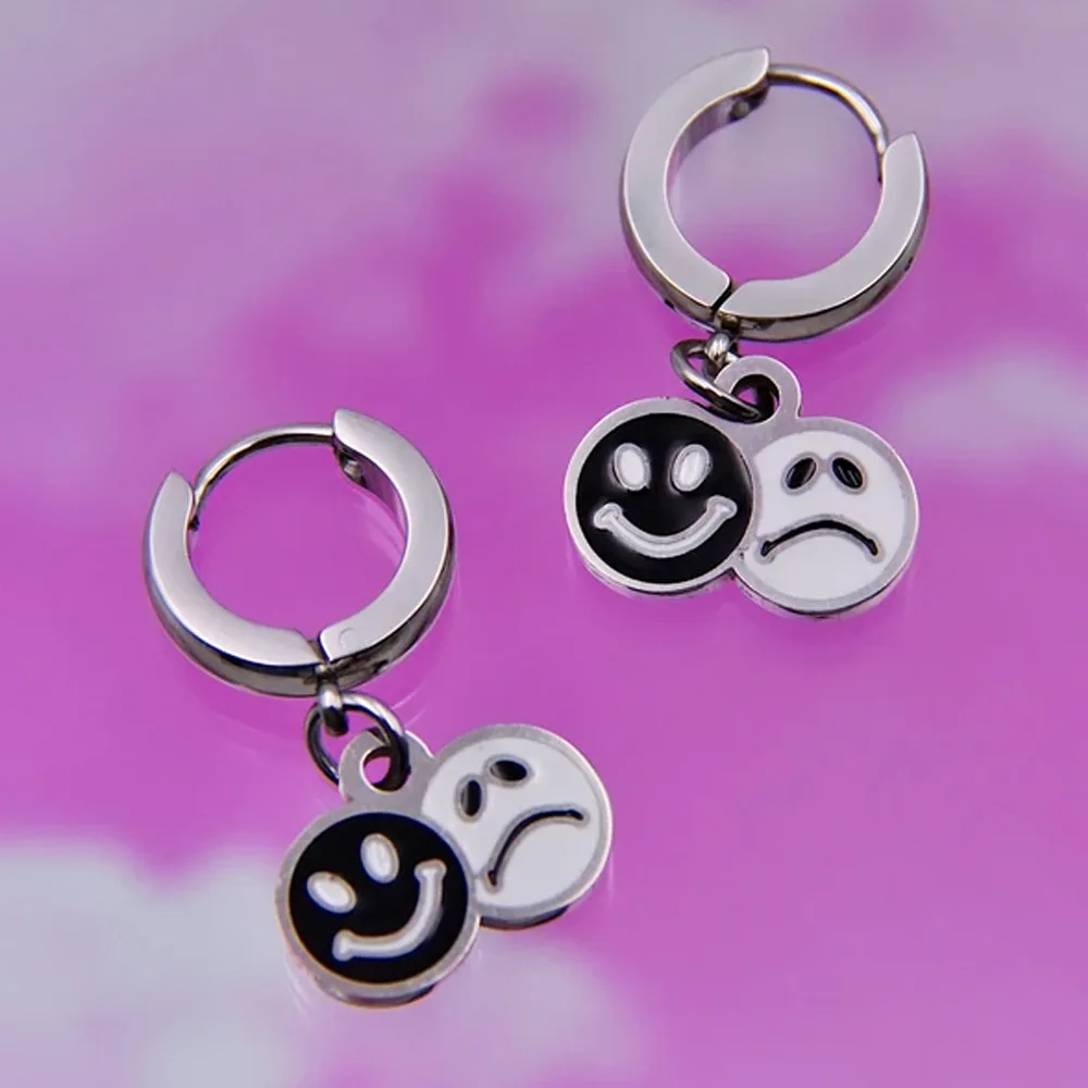 Happy smile face cry butterfly mushroom huggie hoop earrings for women fire lightning dangling hoop earring men stainless steel