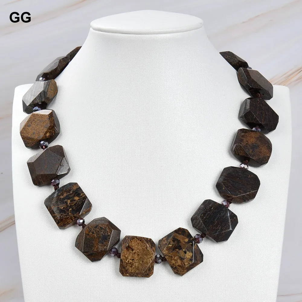 

GuaiGuai Jewelry 18" Natural Faceted Brown Bronzite Chunky Rectangle Necklace For Women