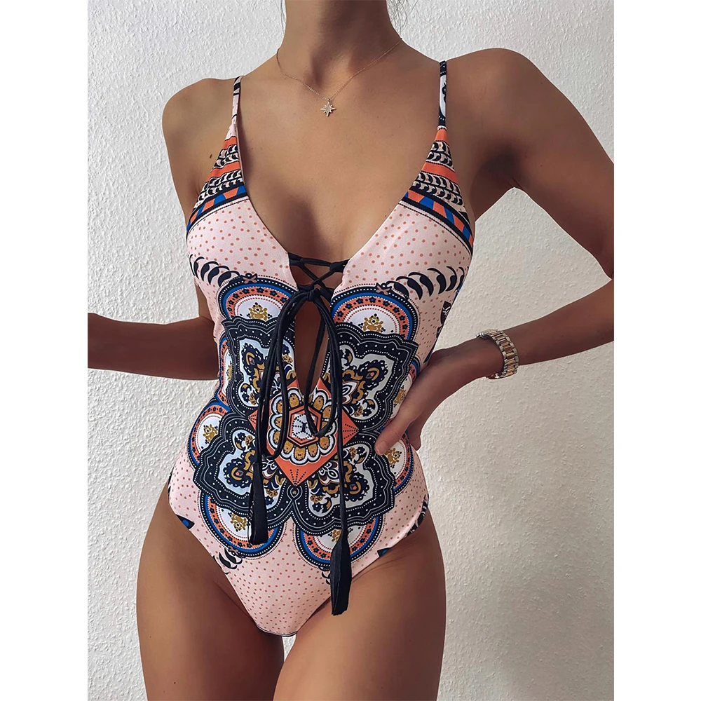 

2022 Vintage Print One Piece Swimsuit Women Swimwear Bandage Bodysuit Swimsuit Push Up Monokini Summer Bathing Suits Beach Wear