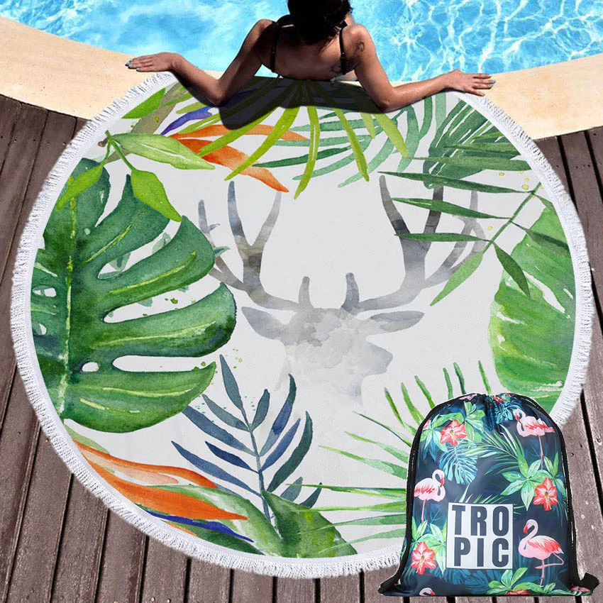 

Leaves Summer 150cm Round Beach Towels Seaside Blanket Bikini Cover Up Bath Towels For Adults Kids With Drawstring Storage Bag