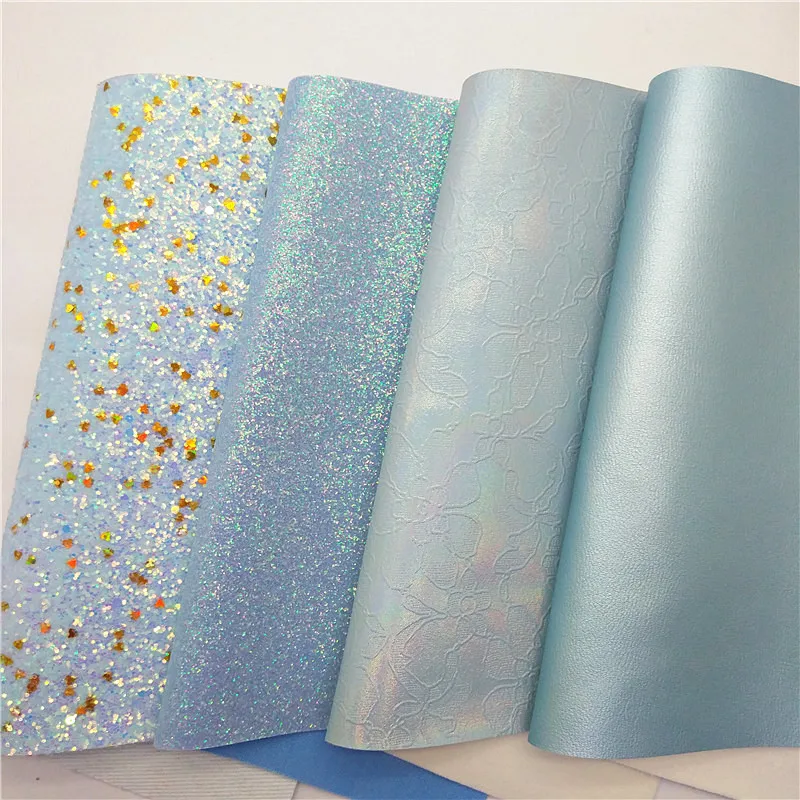 Blue Chunky Glitter Leather Lace Embossed Synthetic Leather Litchi Pearlized Vinyl Leather Sheets For Bows DIY 21x29CM Q517