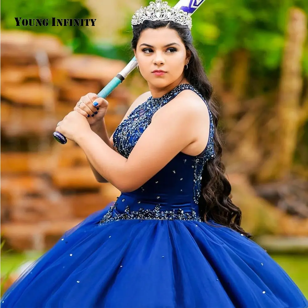 Dalam Mode Gaun Quinceanera Panjang Selantai Biru Gaun Pesta 2021 Gaun Pesta Tanpa Lengan Renda Tanpa Lengan Tanpa Lengan