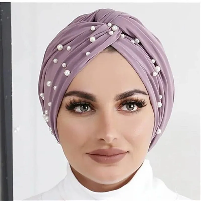 Veludo elástico pérola Turbante Caps, gorro islâmico Hijab, moda muçulmana, lenço de cabeça feminino, chapéu indiano