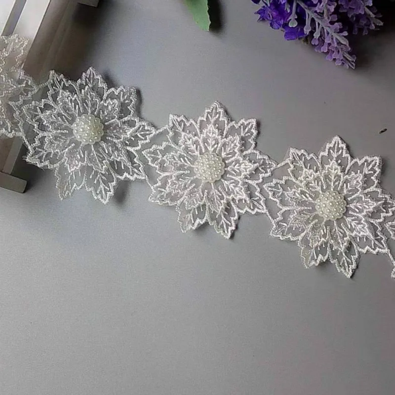 2 yards White Pearl Flower Leaf Handmade Beaded ricamato pizzo Trim Ribbon Applique abito da sposa cucito artigianale 6X6 cm