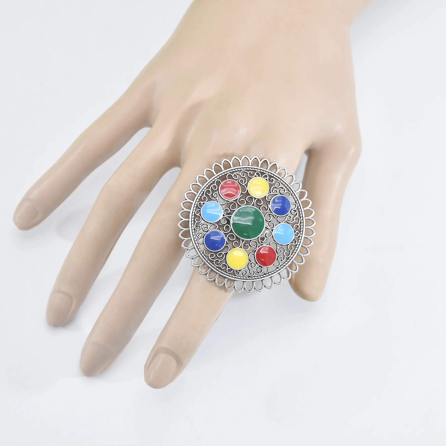 4Styles Vintage Alloy Rhinestone Adjustable Rings for Women Boho Multicolors Stone Finger Ring Afghan Indian Party Jewelry Gift