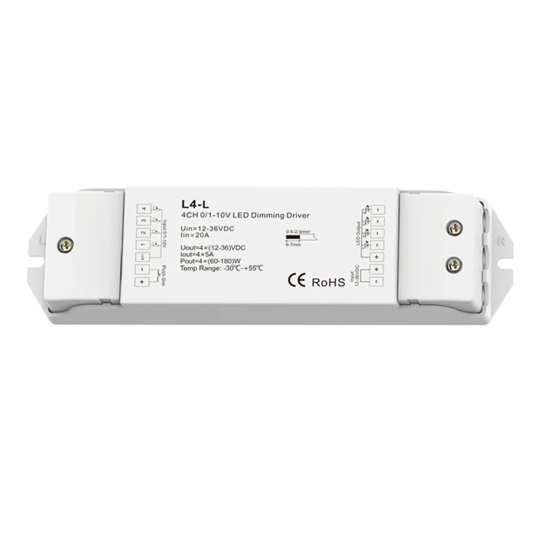 New 0-10V Led Strip Dimmable Driver;5A*4CH 12V-36VDC 4 Channel 1-10V Dimming Constant Voltage Dim Power Driver Push Dim