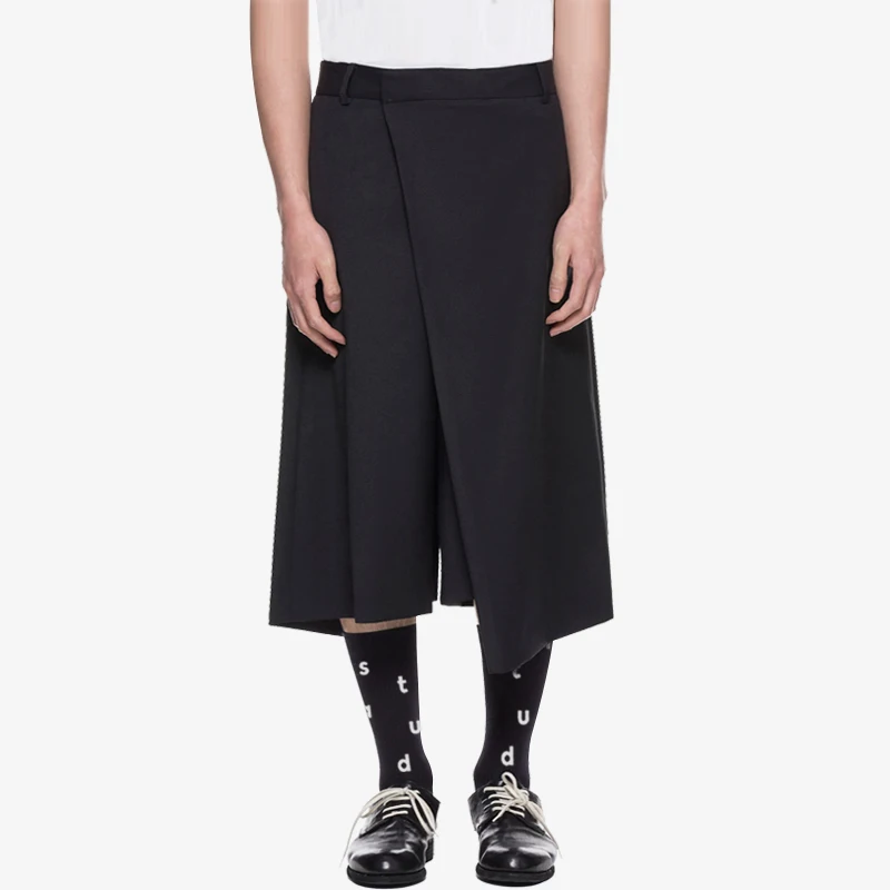 Spring and Autumn men's oblique cut design asymmetrical shape skirt pure color loose wide leg culottes seven straight pants