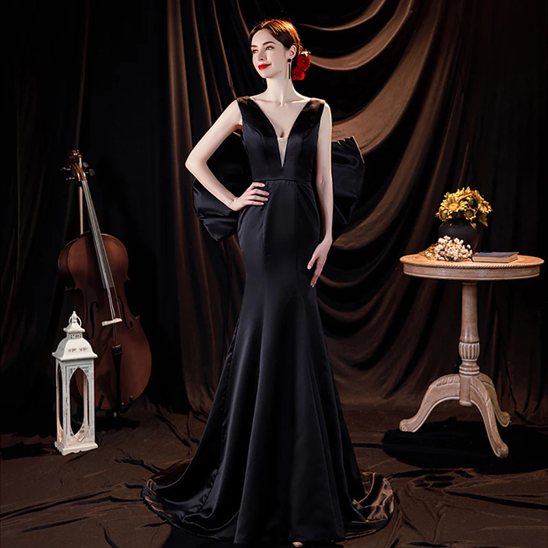 Black Deep V-Neck Prom Party Gown Sexy Backless Big Bowknot Catwalk Floor Length Dress Women Slim Mermaid Evening Dress