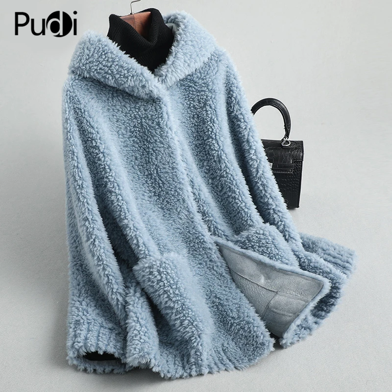 PUDI ผู้หญิงฤดูหนาวขนสัตว์จริงขนเสื้อแจ็คเก็ตหญิงสาวแกะ Hooded เสื้อโค้ท Lady Fur Parka Jacket เสื้อกันหนาว A59428