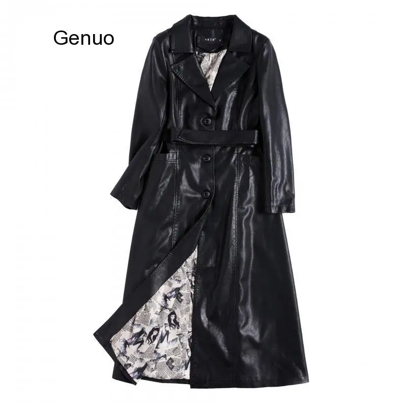 Autumn Winter Women Faux Leather Coat Moto&biker Large Size Women Overcoat Long Female Windbreaker Temperament Coat Sashes