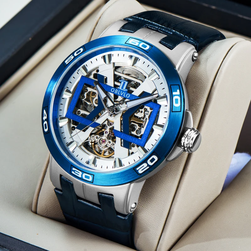 

OBLVLO New Design Steel Automatic Watches With Skeleton Dial Leather Strap Waterproof Big Watch UM