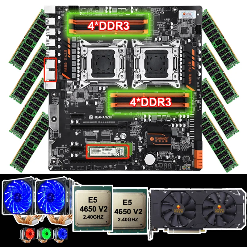 

Brand HUANANZHI dual X79 motherboard with 256G SSD dual CPU Xeon E5 4650 V2 with coolers RAM 128G(8*16G) video card GTX1660 6GD6