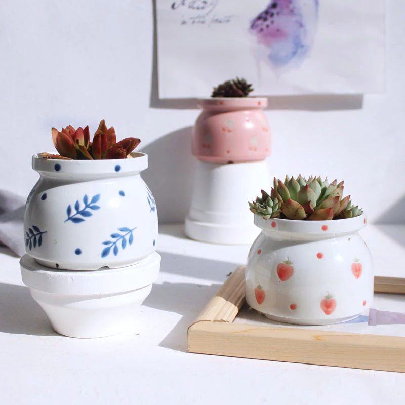 Set of 4 Hand-painted Flower Pots Floral Design Ceramic Planters Succulent Plant Pots Mini Bonsai Home Garden Desktop Decoration