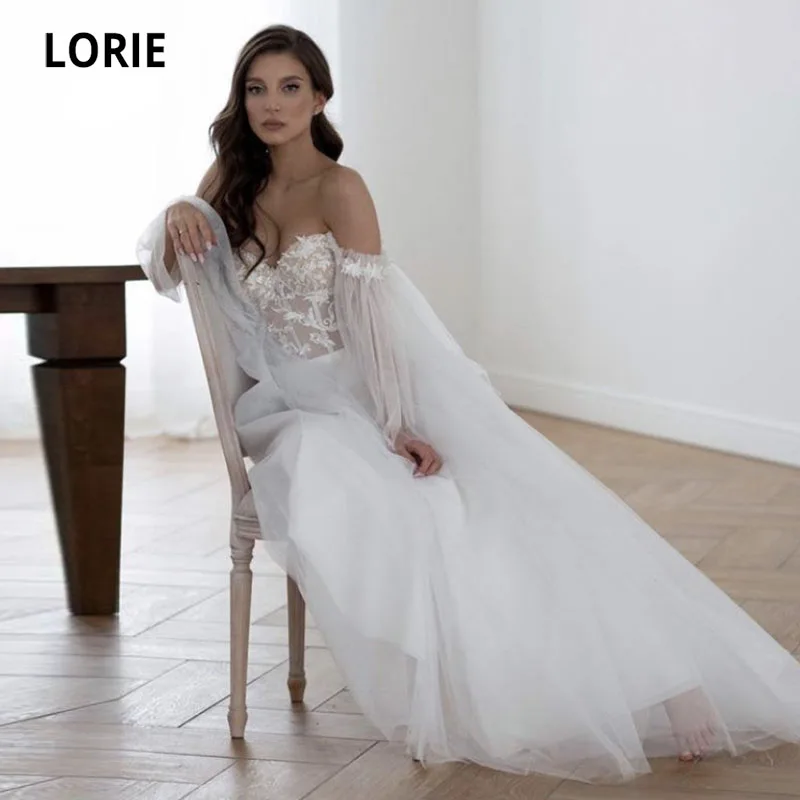 

LORIE Boho Wedding Dresses off the Shoulder Appliques Lace Long Puff Sleeves Corset Backless Wedding Gown Beach Bridal Dress