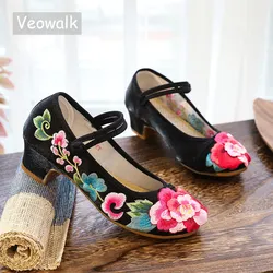 Veowalk-女性用の刺繍入りコットンフランネルヒールシューズ,中国風,花柄,ローヒール