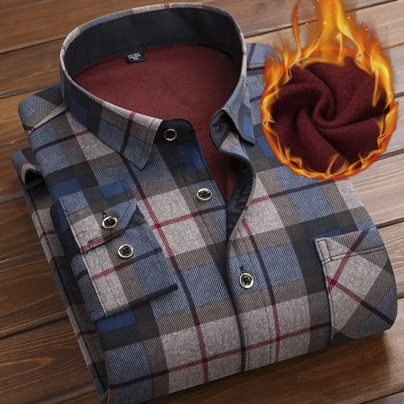 Camisa de lana gruesa para hombre, camisa a cuadros de negocios, ropa cálida de manga larga, cuello vuelto, camisas clásicas con botones, Otoño e