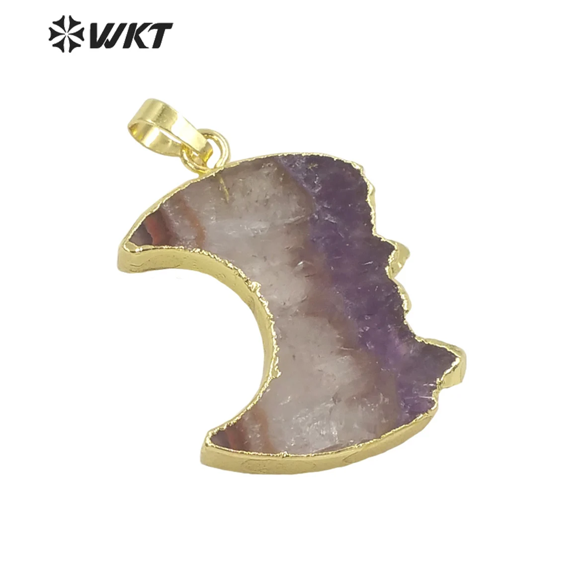 

WT-P1714 Wholesale Fashion Gold Electroplated Slice Amethysts Crescent Moon Jewelry Pendant Plate Druzy For Necklace ACC