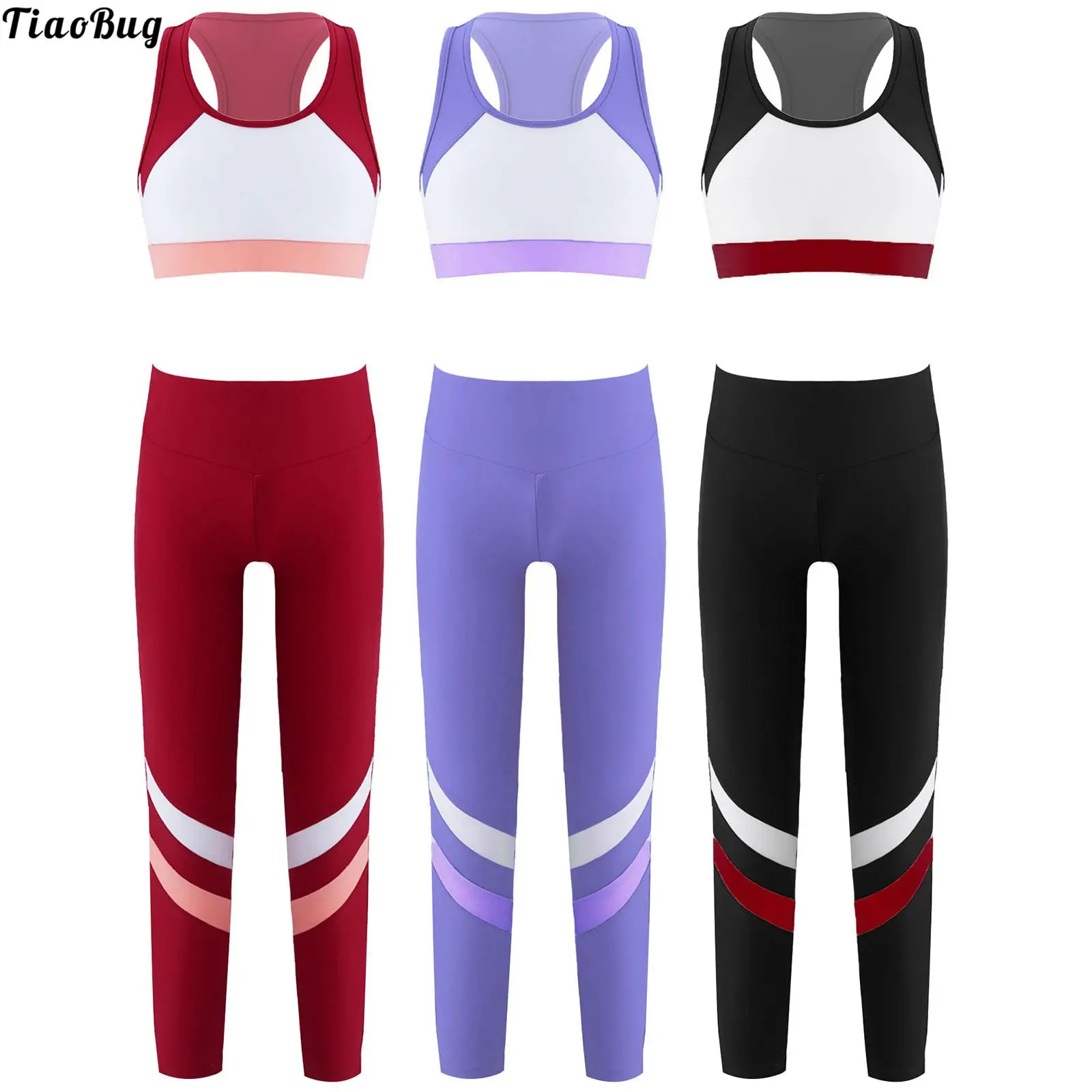 

TiaoBug 2Pcs Kids Girls Sport Suit Color Block Round Neck Sleeveless Racer Back Crop Sport Tops And Leggings Pants Sportswear